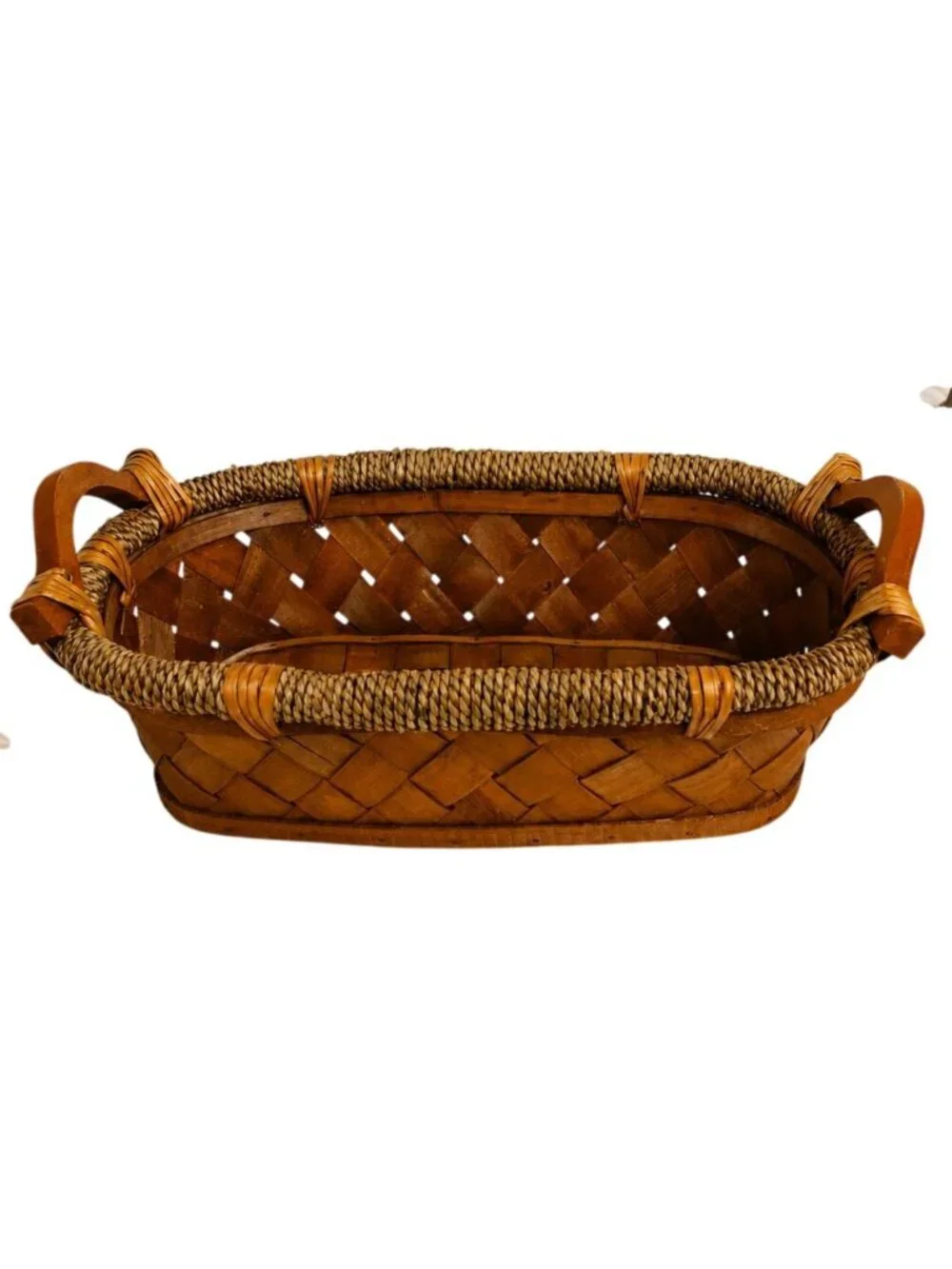 Woven Rustic Decorative Basket Wood Chip Style Oblong Farmhouse VTG Honey Brown
